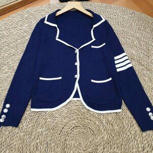 Navy Blue White Trim Stripe Sleeve Knit Blazer Jacket